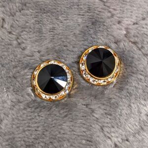Vintage Eisenberg Ice Black & Clear Halo Crystal Button Pierced Earrings